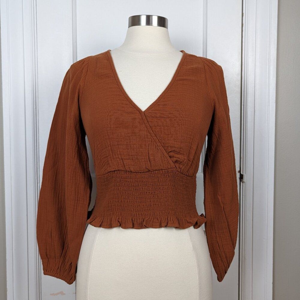 Madewell | Brown Cotton Smocked Faux Wrap Top Size Extra Small